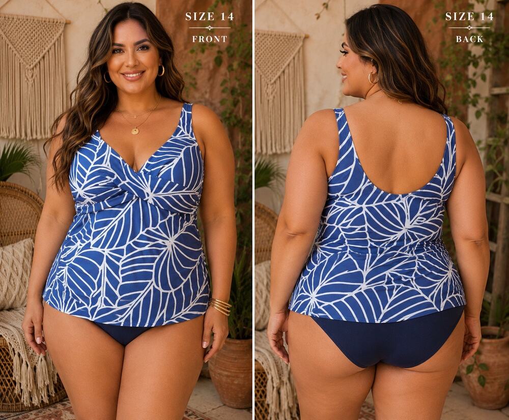 Artesands Luxury Swimwear Blue Tropical Leaf Twist Front Tankini top Size14 NWT